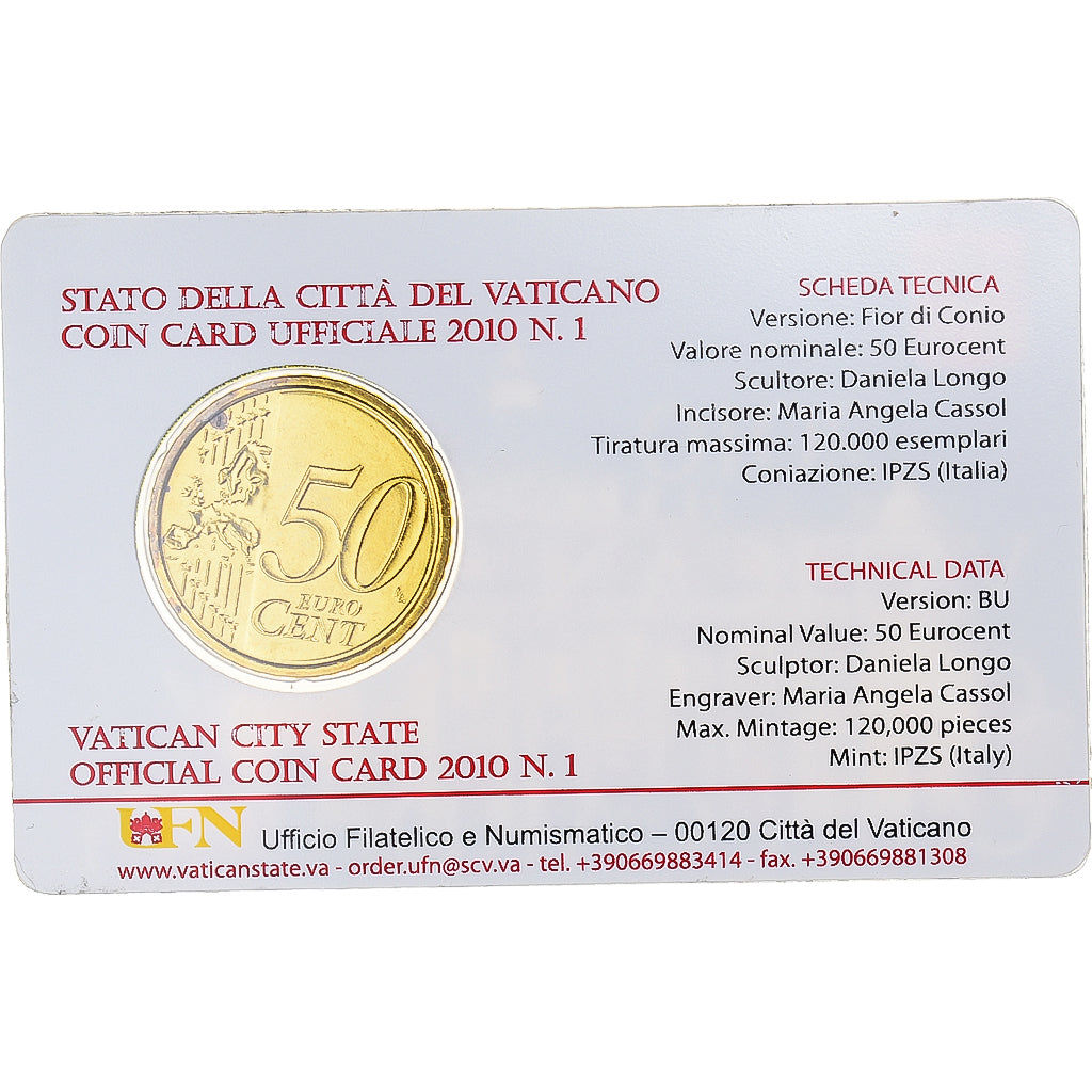 VATICAN CITY, 50 Euro Cent, 2010, Rome, Coin card, MS(64), Brass