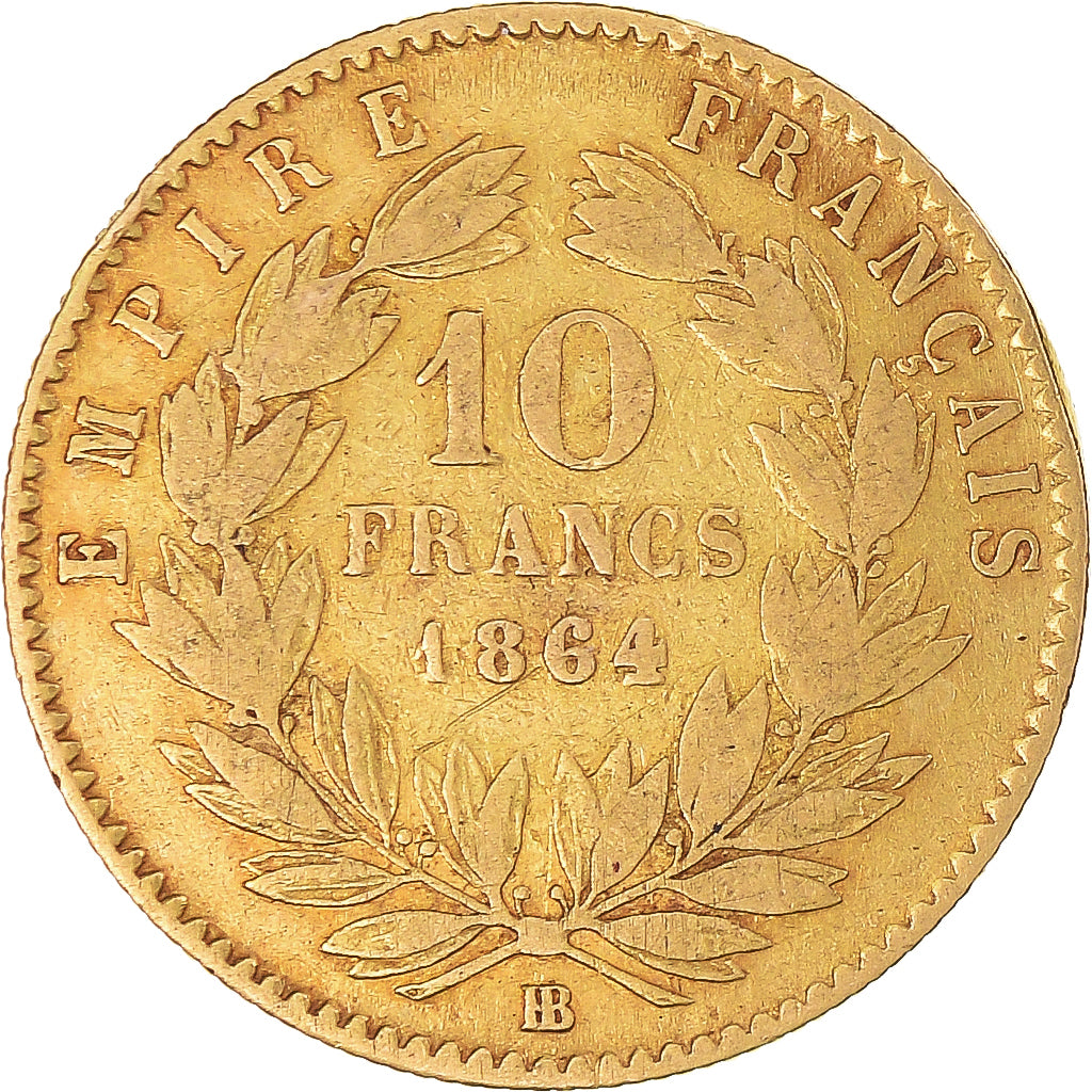 Moeda, França, Napoleon III, 10 Francs, 1864, Strasbourg, VF(30-35), Dourado