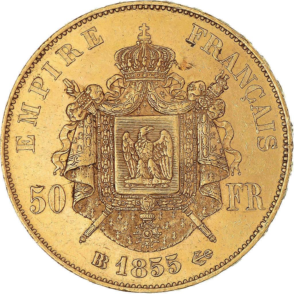 Moneta, Francia, Napoleon III, 50 Francs, 1855, Strasbourg, BB+, Oro, KM:785.2