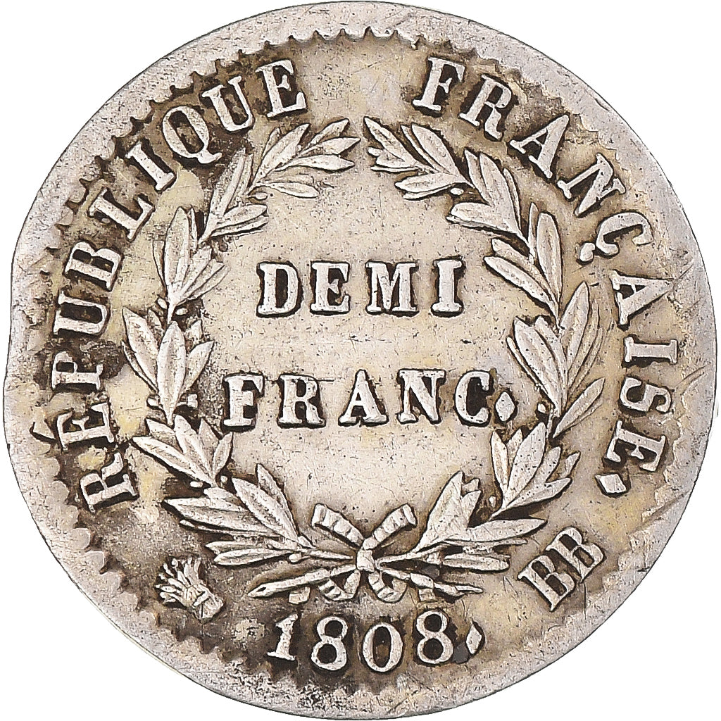 Coin, France, Napoléon I, 1/2 Franc, 1808, Strasbourg, EF(40-45), Silver