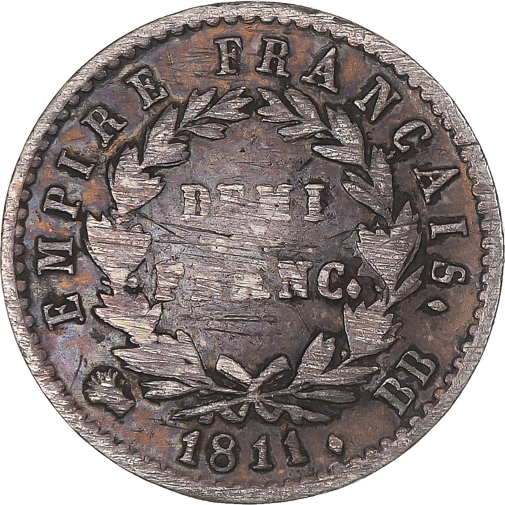 Moneta, Francia, Napoléon I, 1/2 Franc, 1811, Strasbourg, MB, Argento, KM:691.3