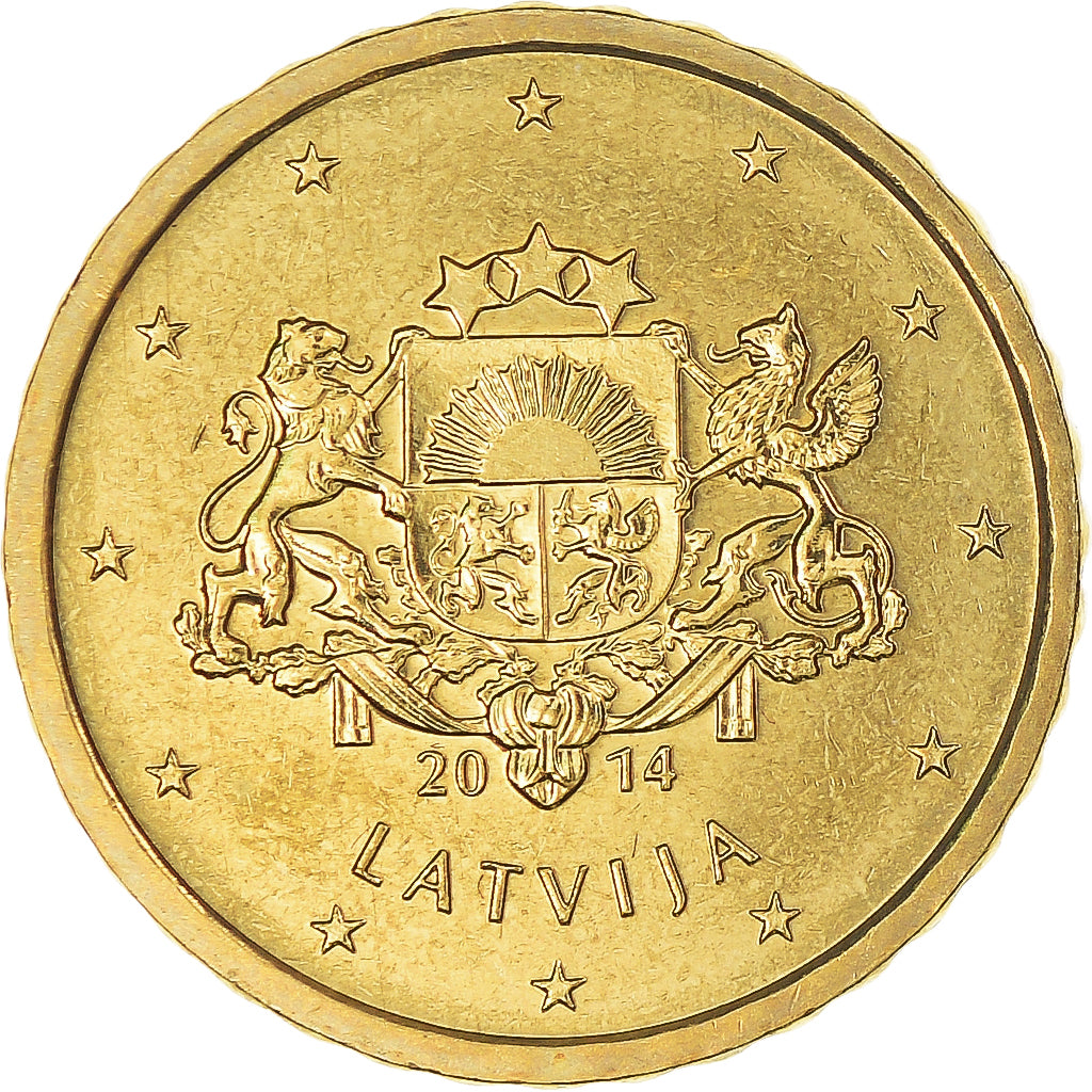 Letónia, 10 Euro Cent, 2014, Stuttgart, MS(65-70), Latão, KM:153