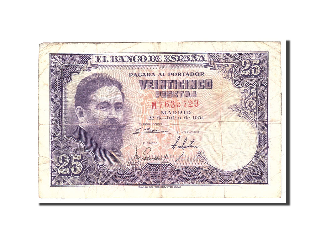 Espagne, 25 Pesetas, 1954, KM:147a, 1954-07-22, TB