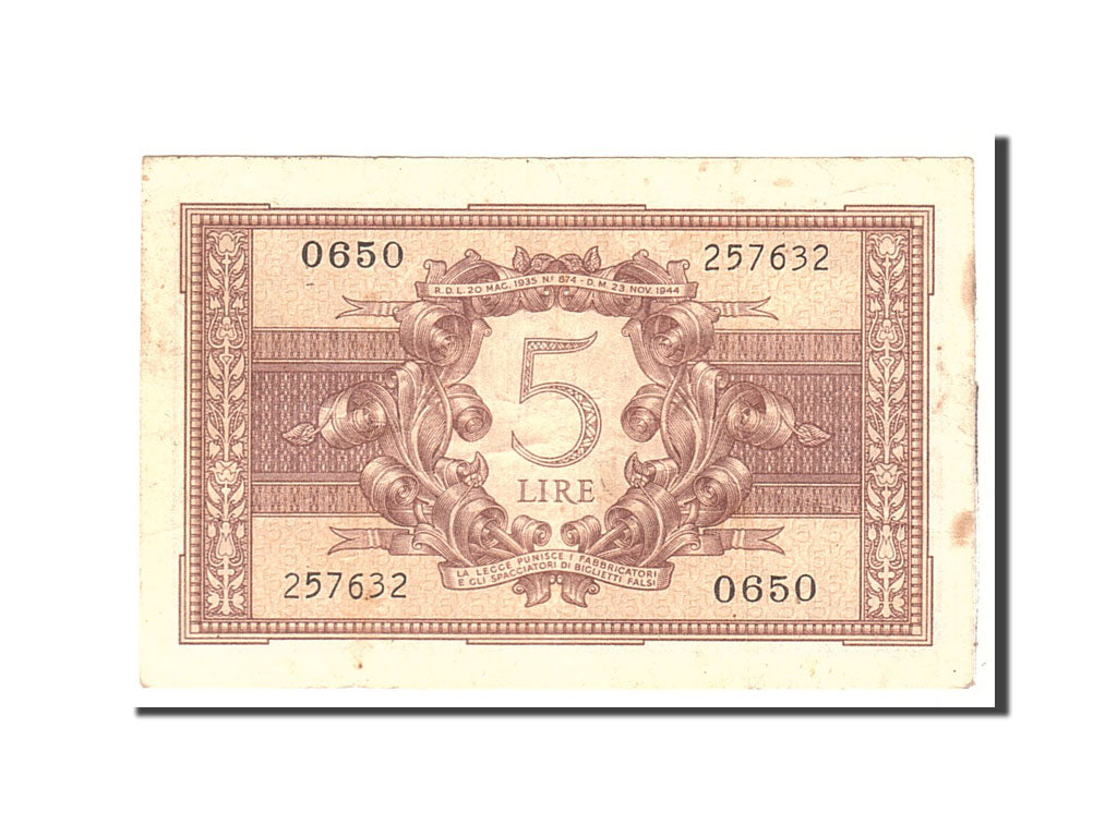 Banknote, Italy, 5 Lire, 1944, 1944-11-23, KM:31c, EF(40-45)