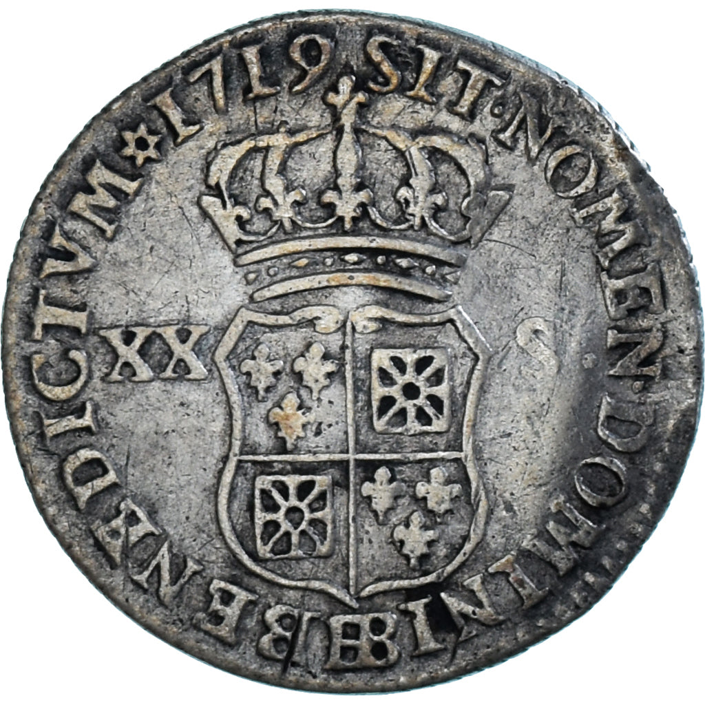 Moneda, Francia, 20 Sols, 1/6 ECU, 1719, Strasbourg, Louis XV, BC+, Plata