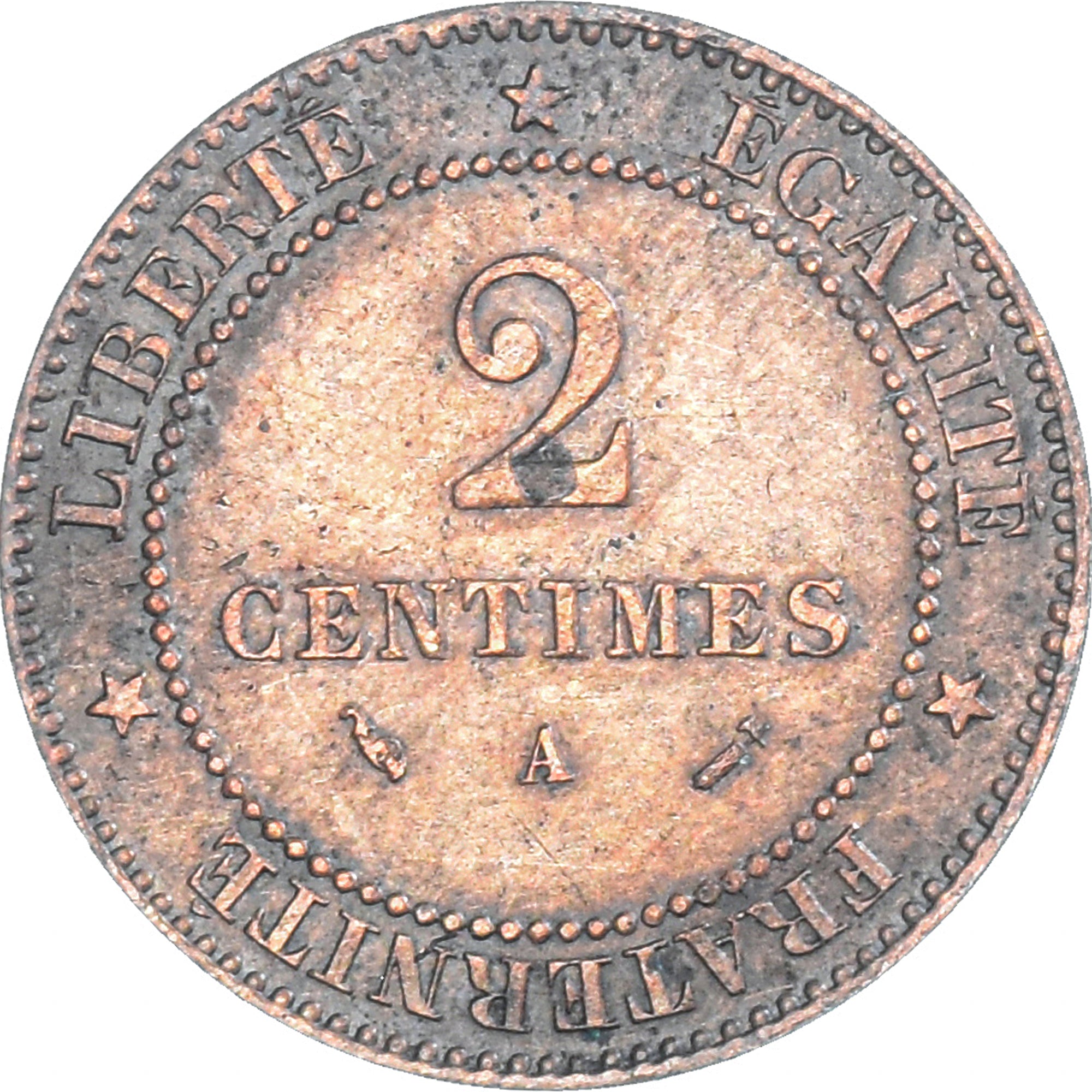 Moneta, Francia, Cérès, 2 Centimes, 1882, Paris, MB+, Bronzo, KM:827.1