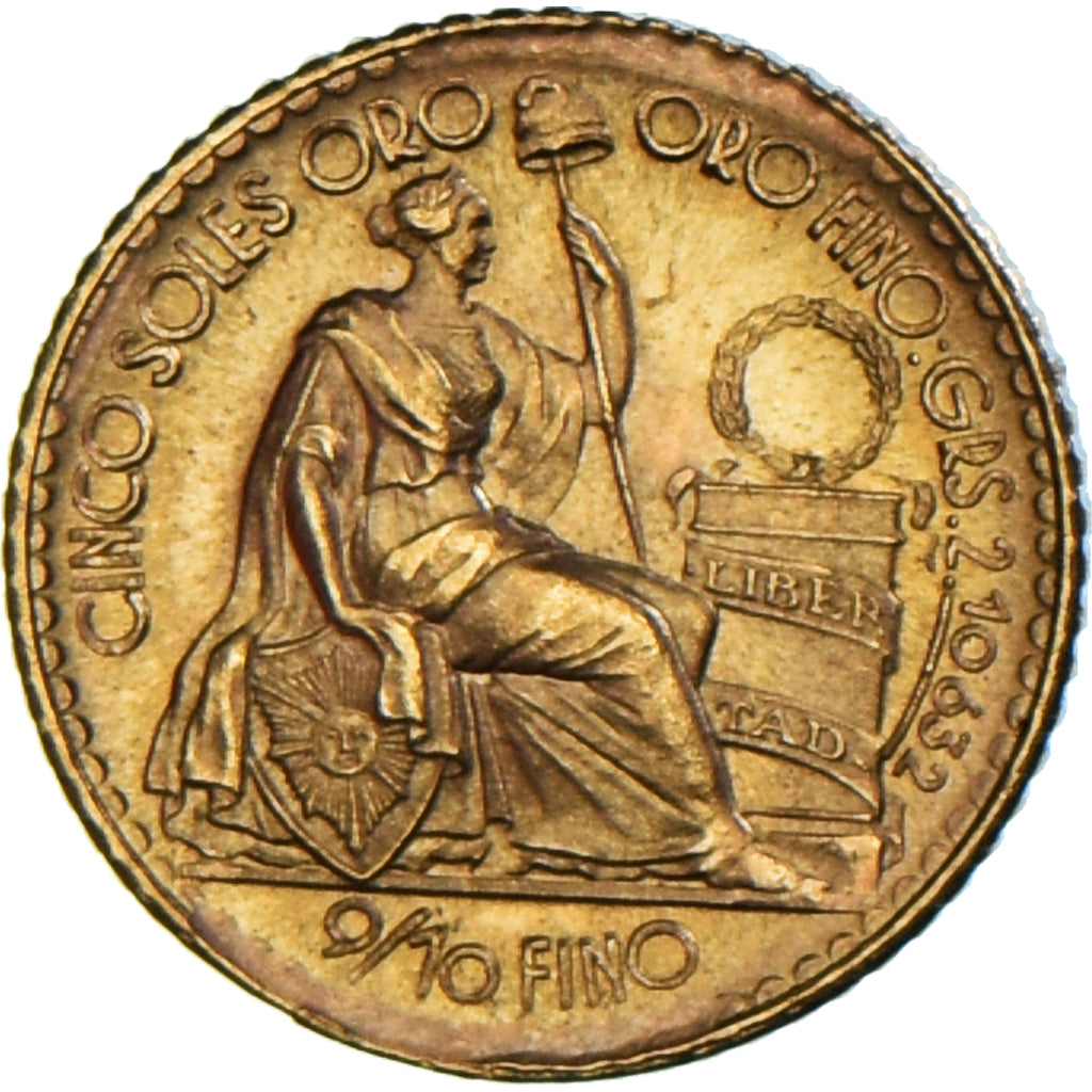 Coin, Peru, 5 Soles, 1965, Lima, MS(63), Gold, KM:235