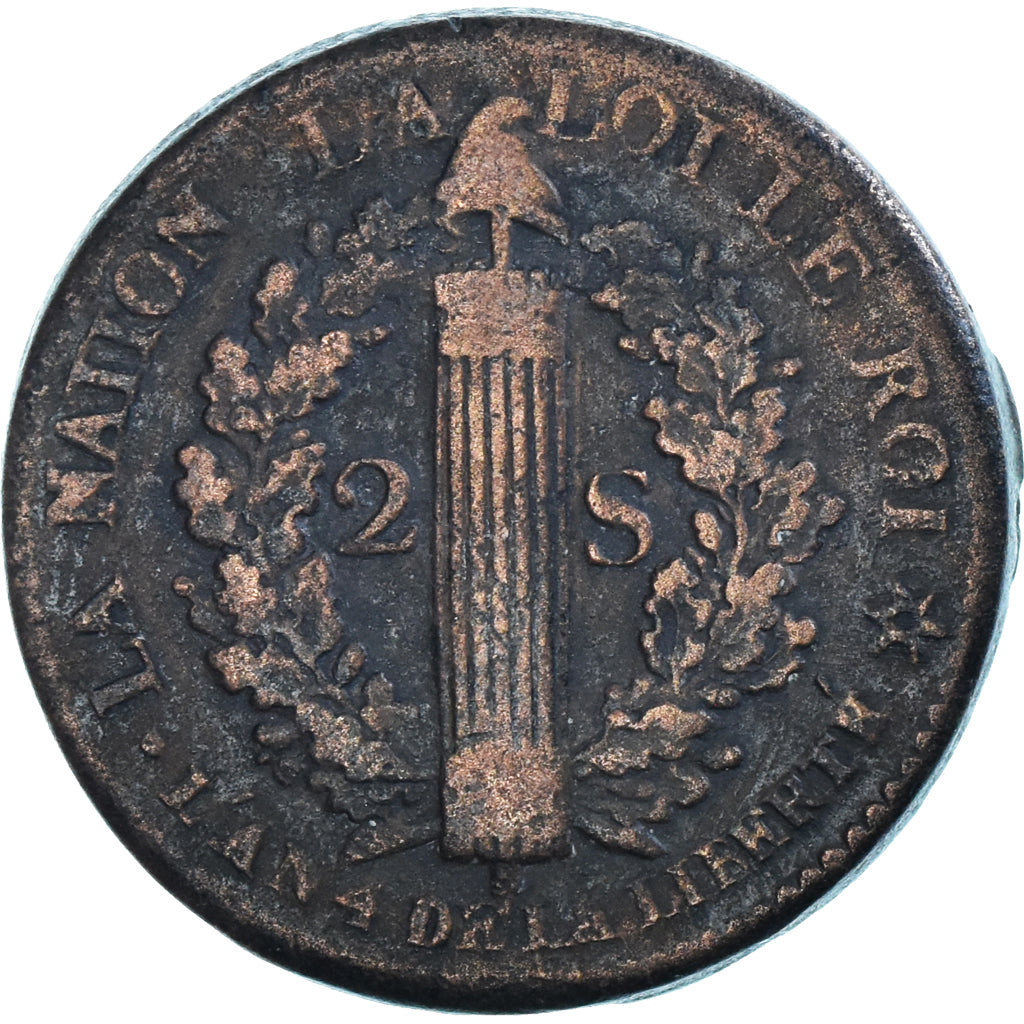 Münze, Frankreich, 2 sols français, 2 Sols, 1792, Strasbourg, S+, Bronze