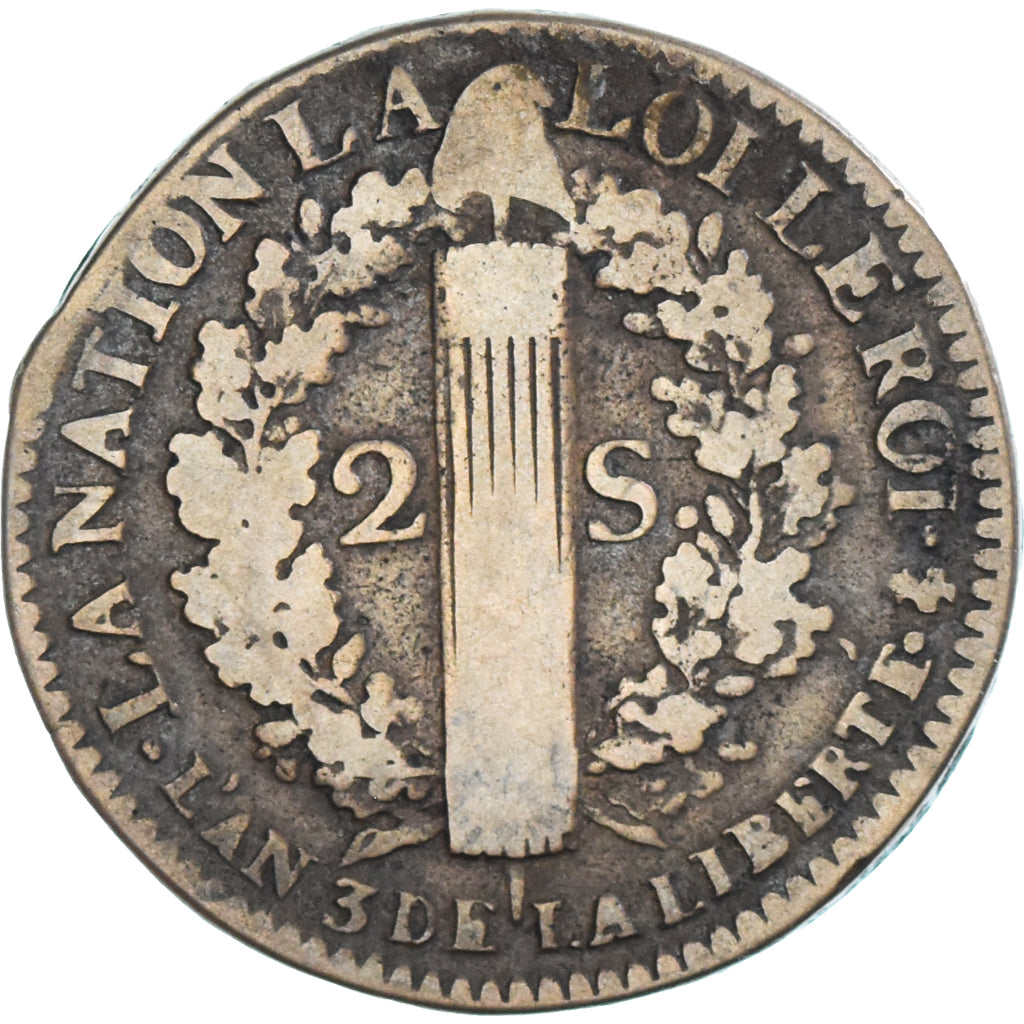 Moneta, Francja, 2 sols françois, 2 Sols, 1791, Paris, VF(20-25), Brązowy