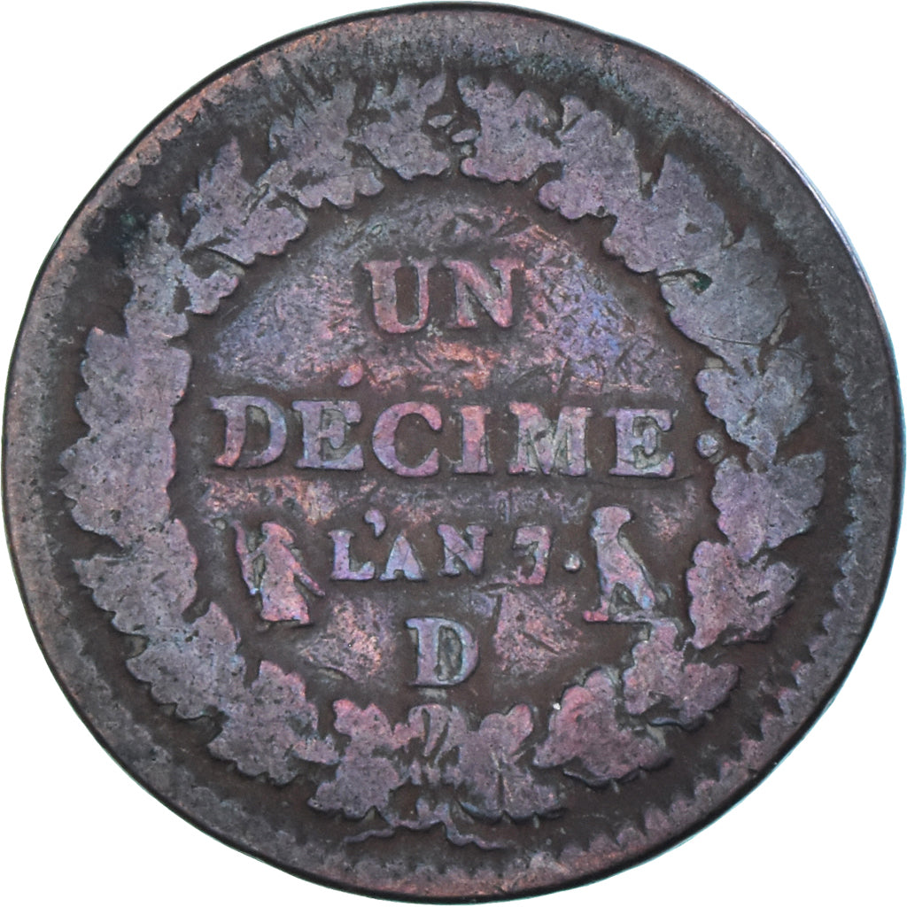 Moneta, Francja, Dupré, Decime, 1798, Lyon, F(12-15), Brązowy, KM:644.5