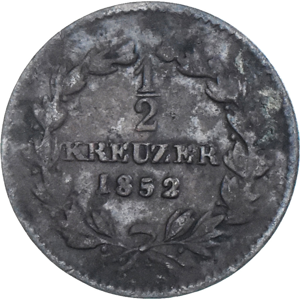 Moneta, Stati tedeschi, BADEN, Leopold I, 1/2 Kreuzer, 1852, MB, Rame, KM:213