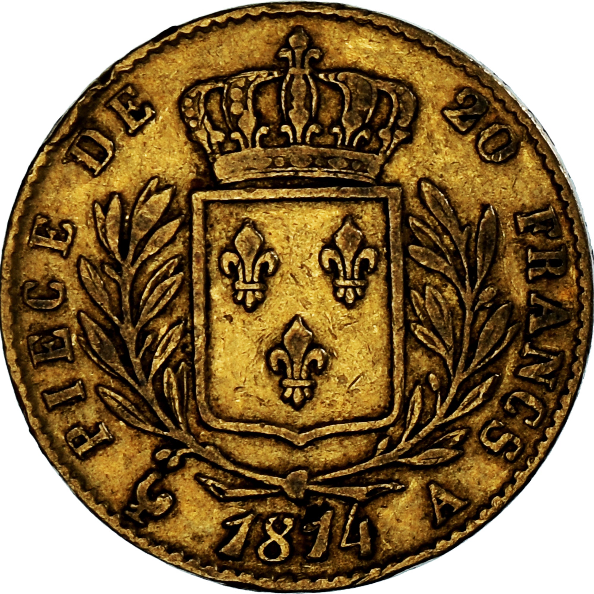 Moneta, Francia, Louis XVIII, 20 Francs, 1814, Paris, MB+, Oro, KM:706.1