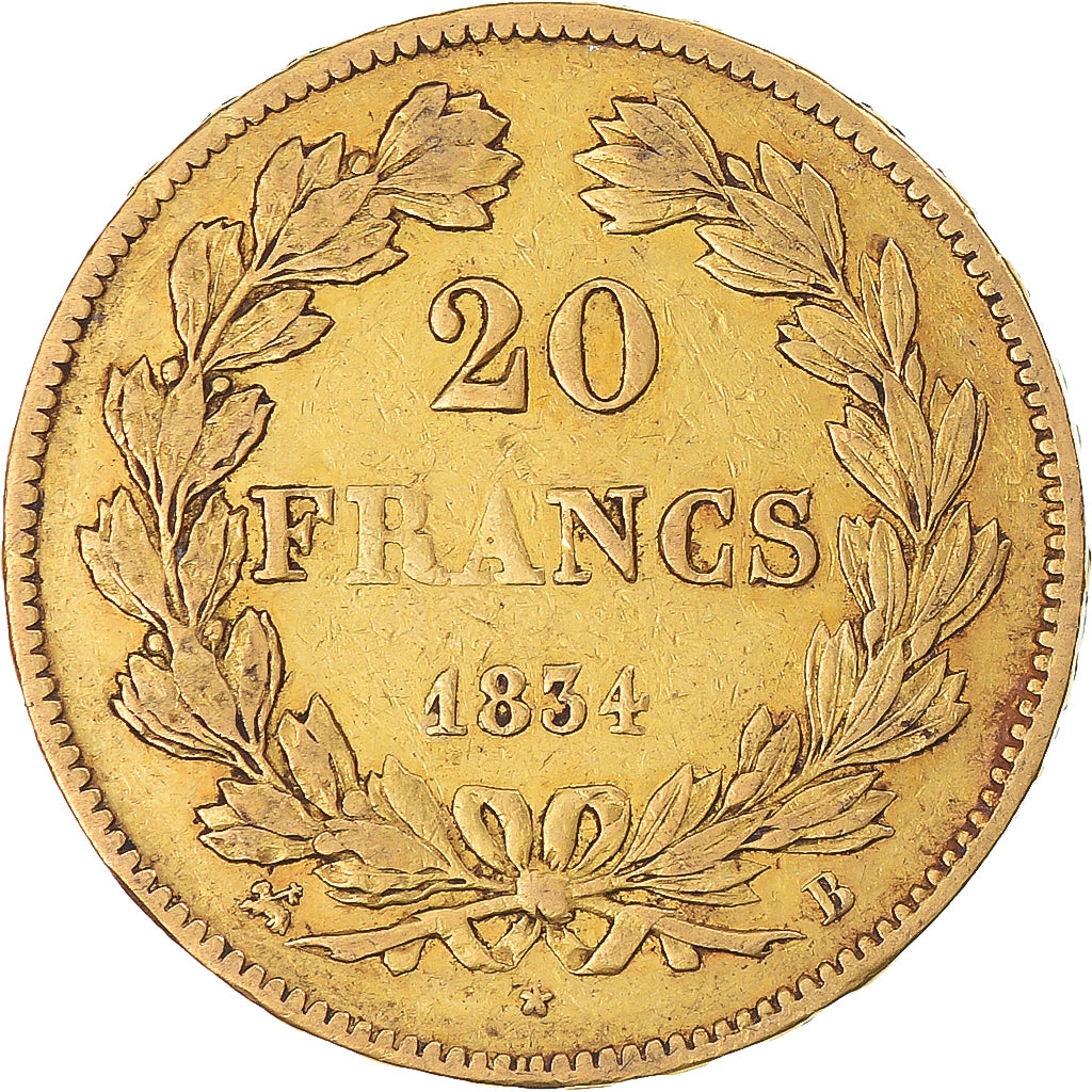 Moneda, Francia, Louis-Philippe, 20 Francs, 1834, Rouen, MBC, Oro, KM:750.2