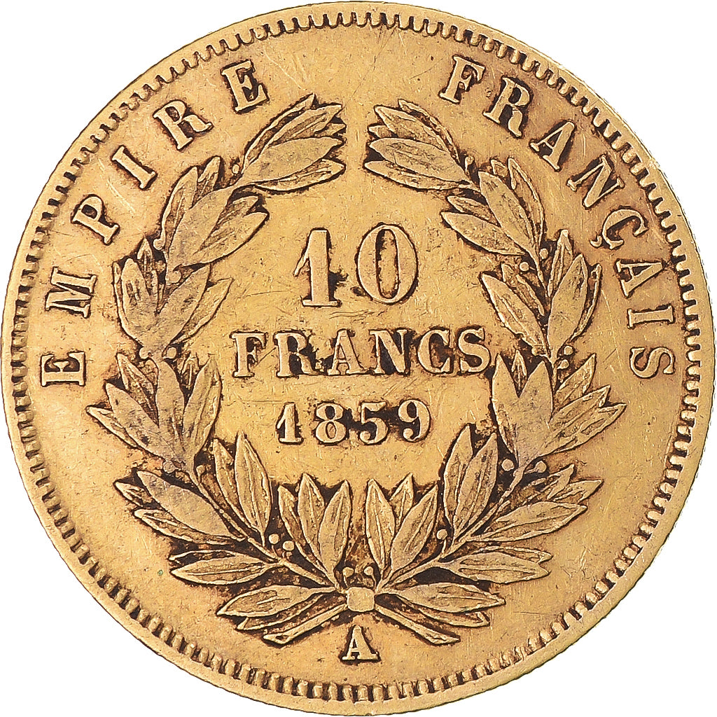 Moeda, França, Napoleon III, 10 Francs, 1859, Paris, VF(30-35), Dourado