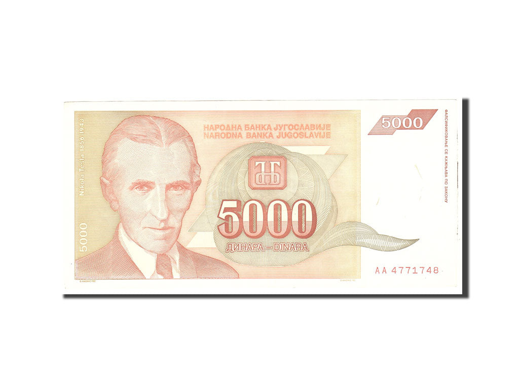 Yugoslavia, 5000 Dinara, 1993, KM:128, Undated, AU(55-58)
