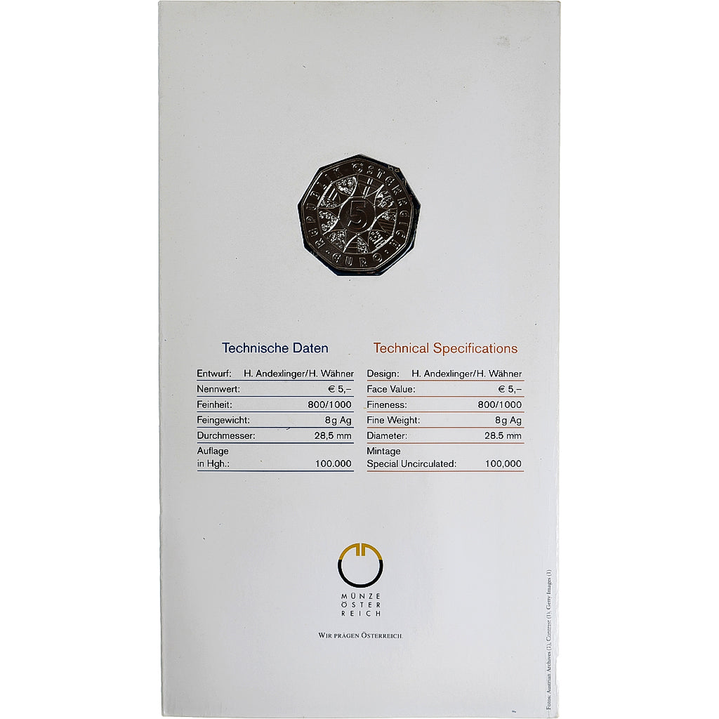 Austria, 5 Euro, 2005, Vienna, Centennial of Sport Skiing, MS(65-70), Srebro