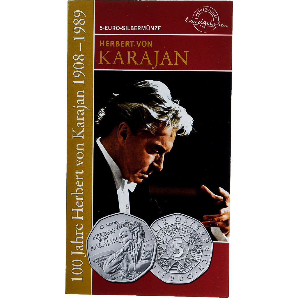 Austria, 5 Euro, Herbert Van Karajan, 2008, Vienna, Srebro, MS(65-70), KM:3156