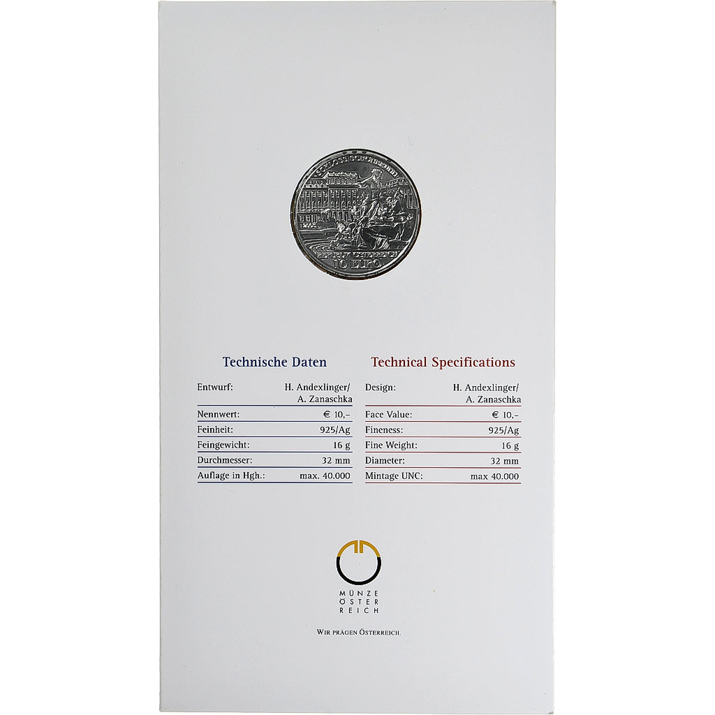 Autriche, 10 Euro, Schönbrunn Palace, 2003, Vienna, Proof, FDC, Argent
