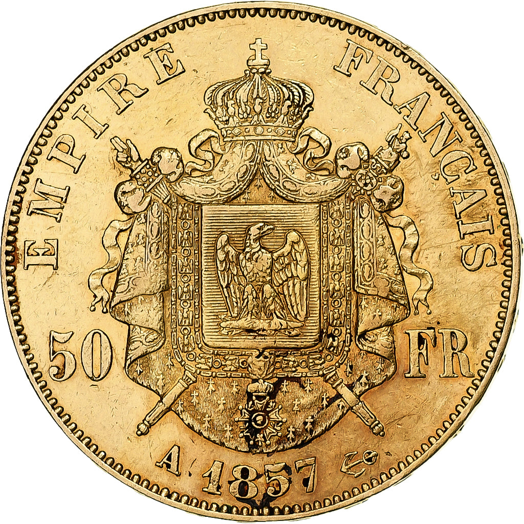 Moneda, Francia, Napoleon III, 50 Francs, 1857, Paris, BC+, Oro, KM:785.1