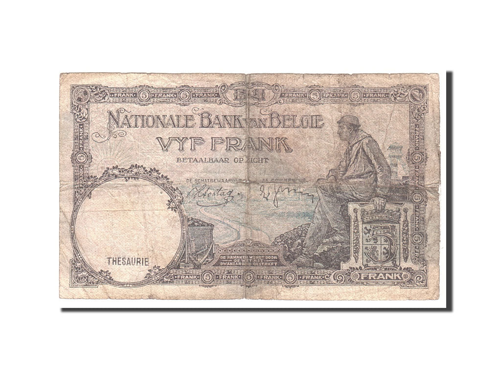 Banknote, Belgium, 5 Francs, 1938, 1938-04-23, KM:108a, VG(8-10)