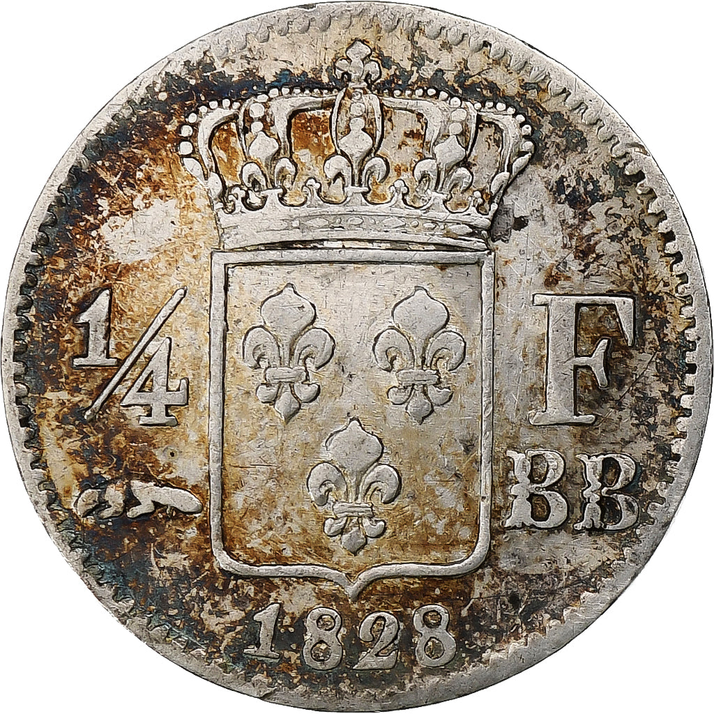 France, Charles X, 1/4 Franc, 1828, Strasbourg, Silver, VF(30-35)