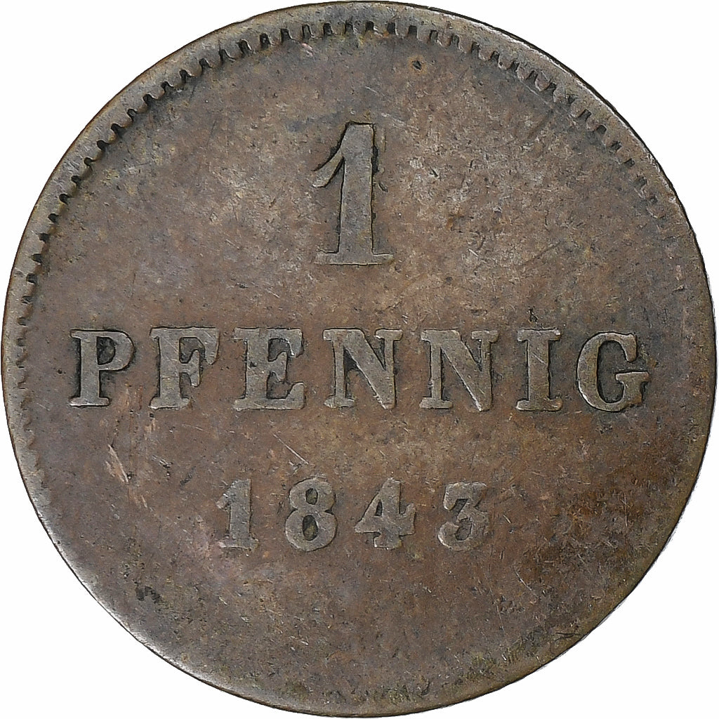 Landy niemieckie, BAVARIA, Ludwig I, Pfennig, 1843, Munich, Miedź, VF(30-35)