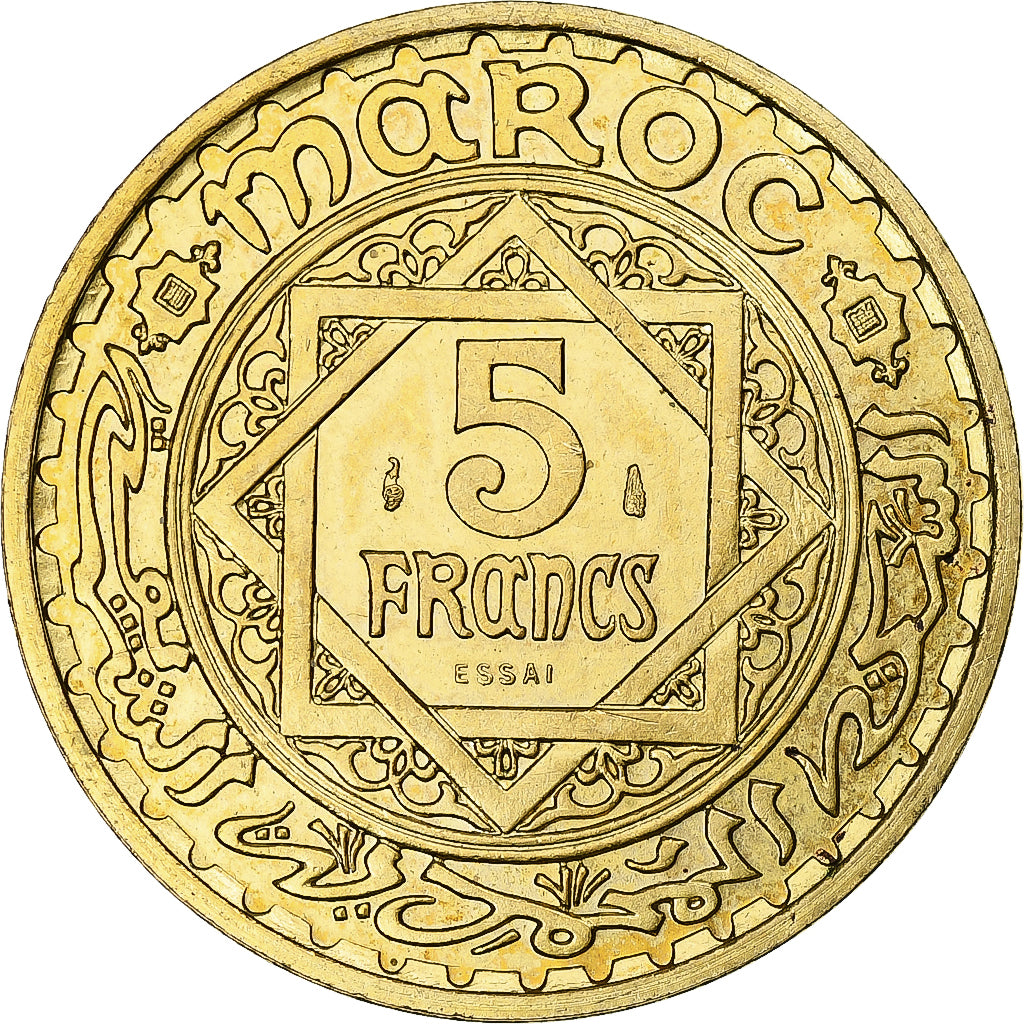 Moeda, Marrocos, 5 Francs, 1365/1946, Paris, ENSAIO, MS(63), Alumínio-Bronze