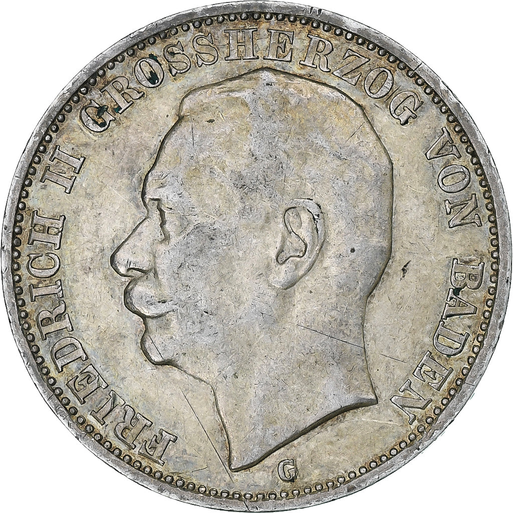 Coin, German States, BADEN, Friedrich II, 3 Mark, 1915, Karlsruhe, VF(30-35)