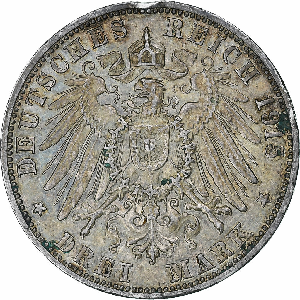 Coin, German States, BADEN, Friedrich II, 3 Mark, 1915, Karlsruhe, VF(30-35)