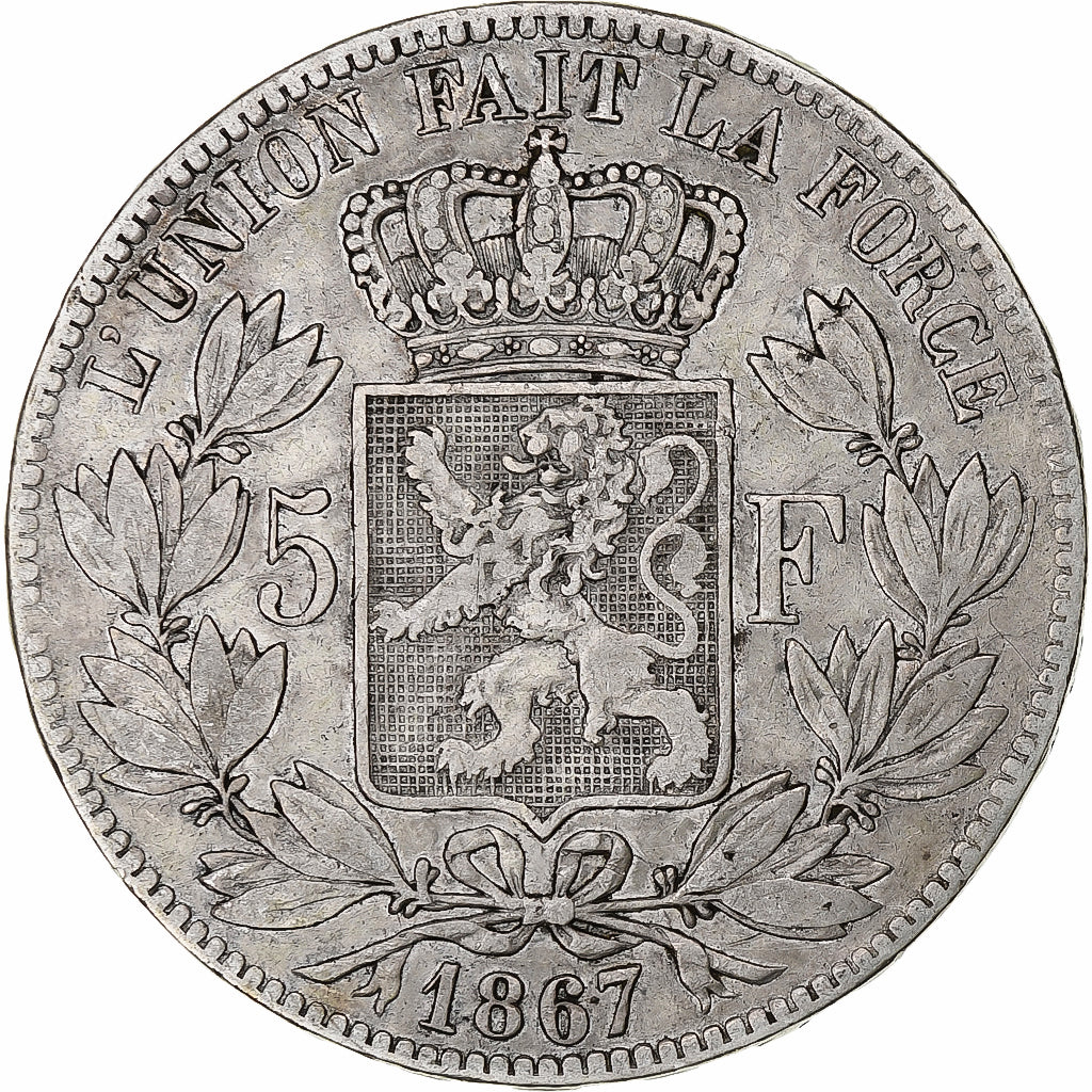 Coin, Belgium, Leopold II, 5 Francs, 5 Frank, 1867, Brussels, VF(30-35), Silver