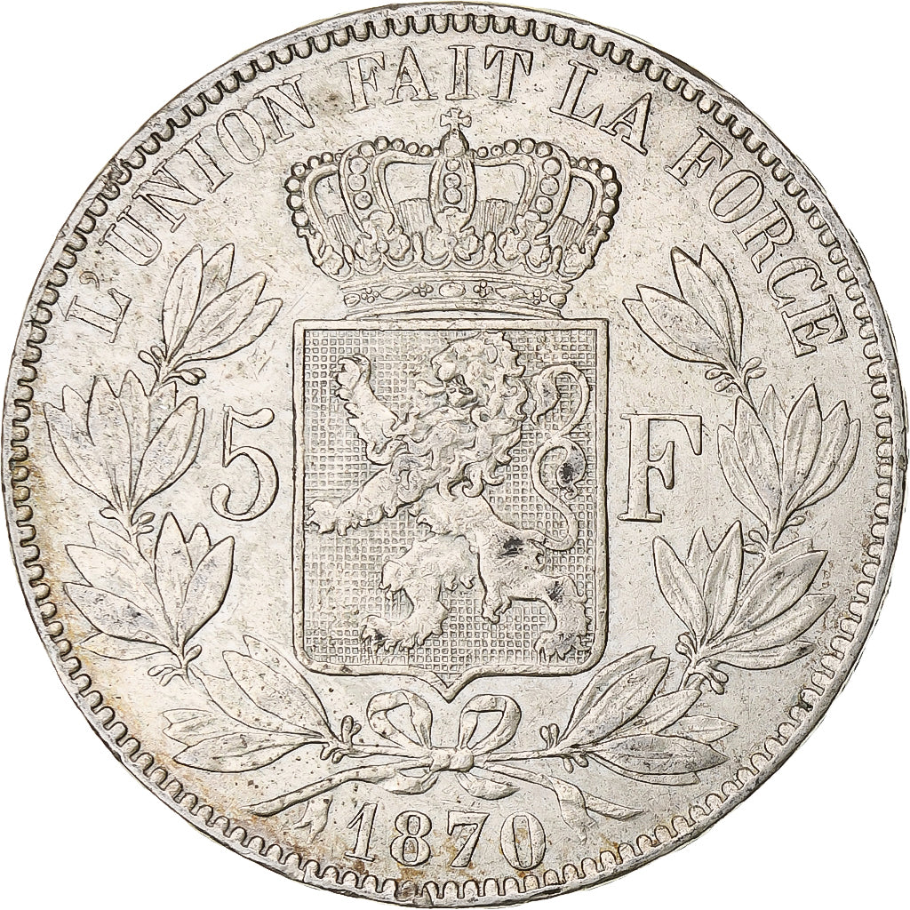 Coin, Belgium, Leopold II, 5 Francs, 5 Frank, 1870, Brussels, EF(40-45), Silver