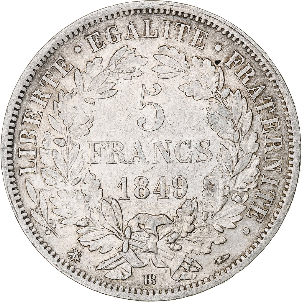 Moneta, Francia, Cérès, 5 Francs, 1849, Strasbourg, BB, Argento, KM:761.2