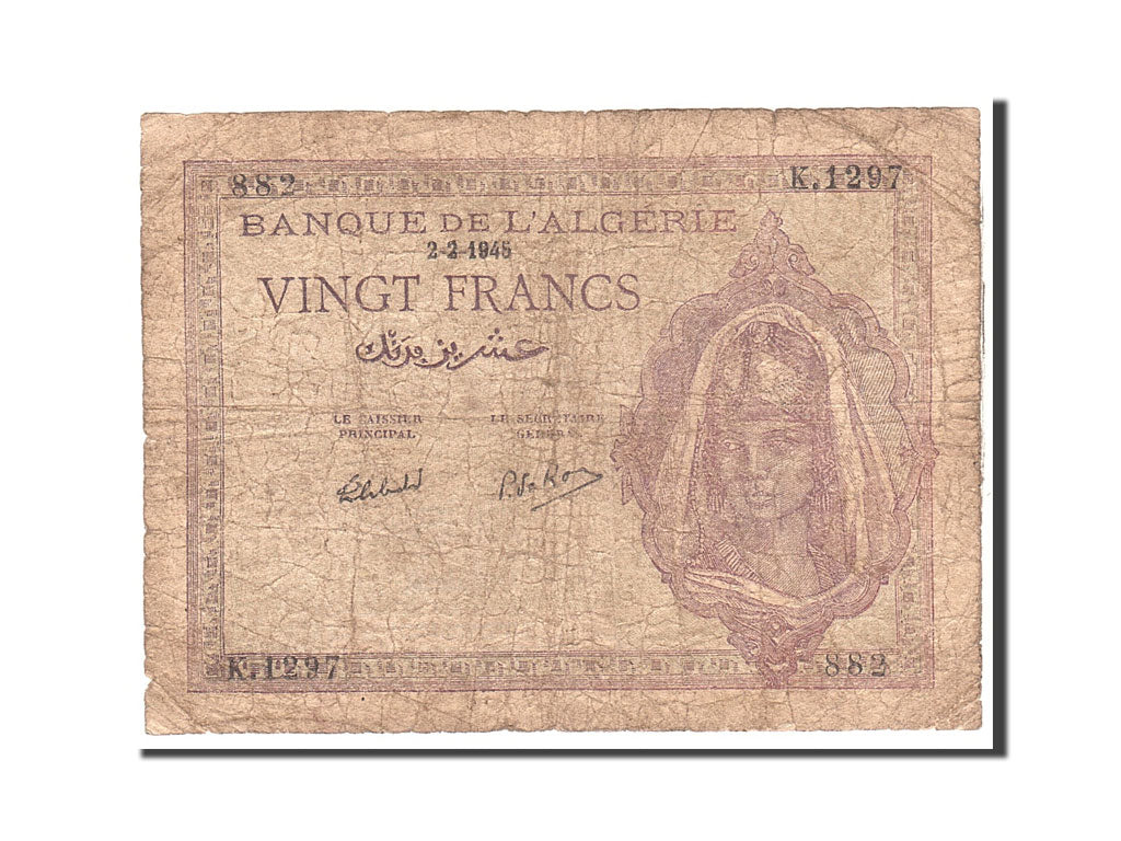 Banknote, Algeria, 20 Francs, 1945, 1945-02-02, KM:92b, VG(8-10)