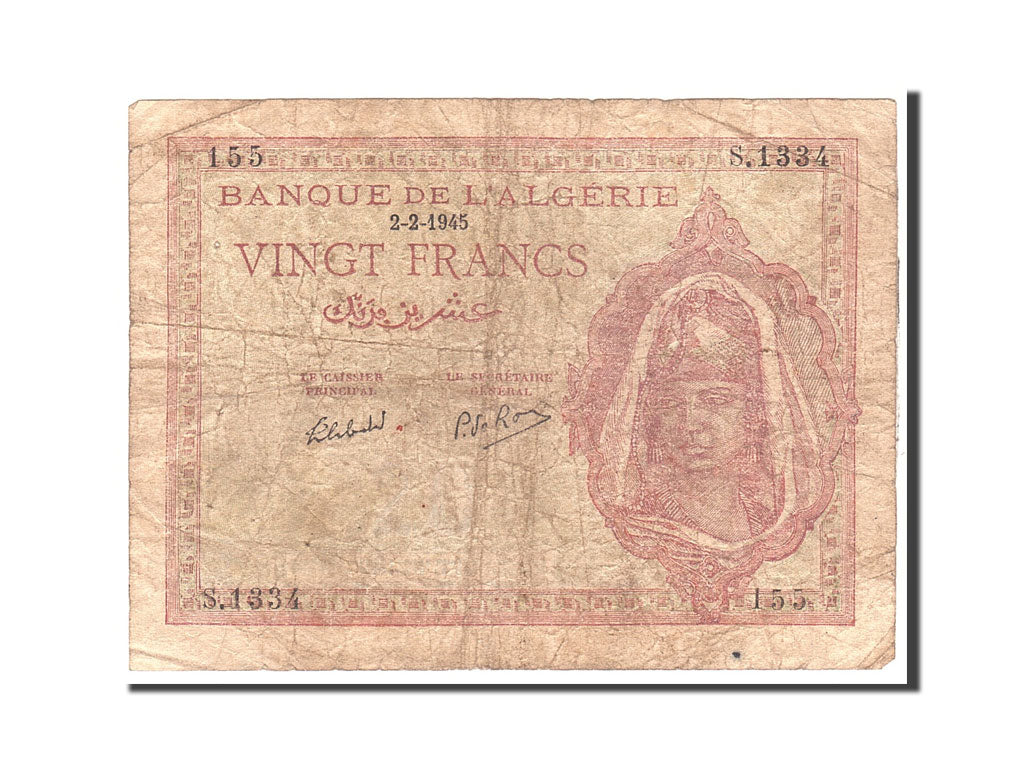 Algeria, 20 Francs, 1945, KM:92b, 1945-02-02, VG(8-10)