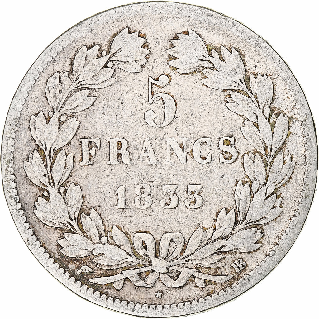 Coin, France, Louis-Philippe, 5 Francs, 1833, Strasbourg, VF(20-25), Silver