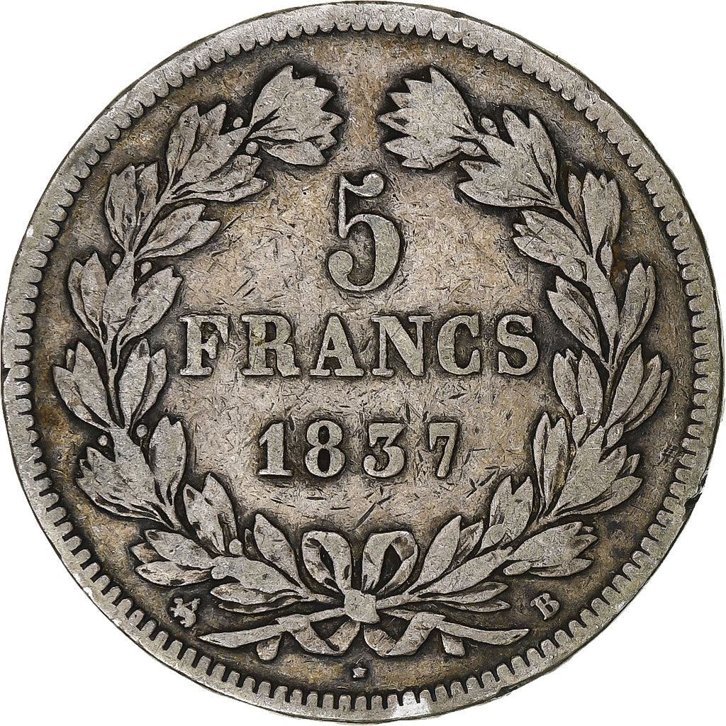Coin, France, Louis-Philippe, 5 Francs, 1837, Rouen, VF(20-25), Silver