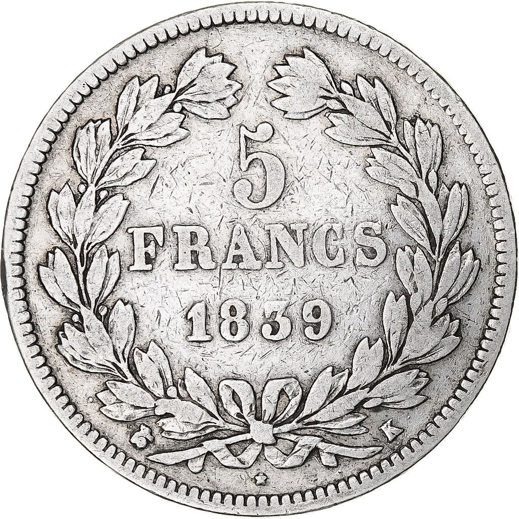 Munten, Frankrijk, Louis-Philippe, 5 Francs, 1839, Bordeaux, FR+, Zilver