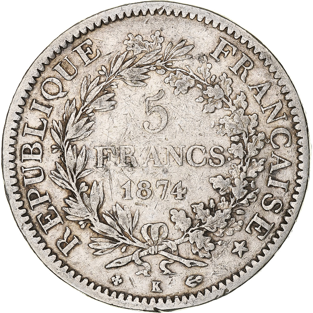 Coin, France, Hercule, 5 Francs, 1874, Bordeaux, VF(20-25), Silver, KM:820.2, Le