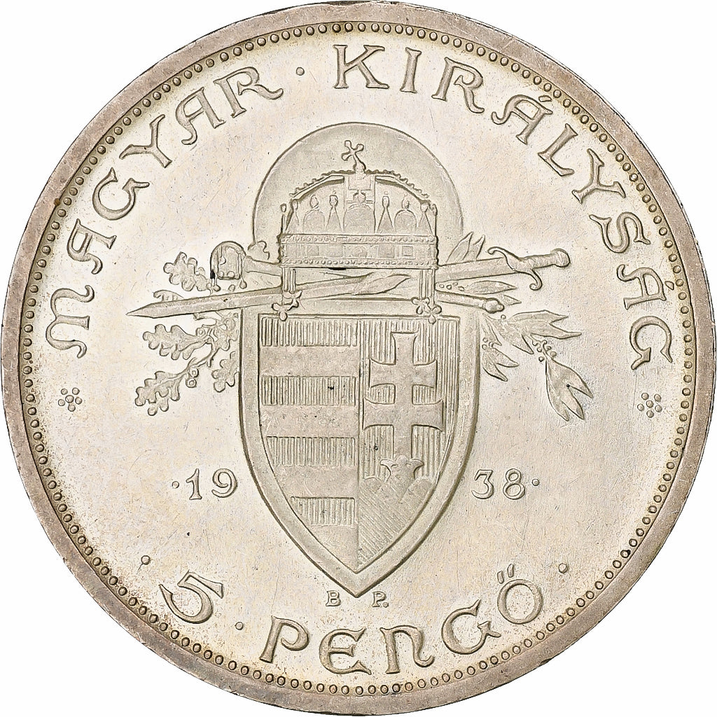 Munten, Hongarije, Miklós Horthy, 5 Pengö, 1938, BP., PR+, Zilver