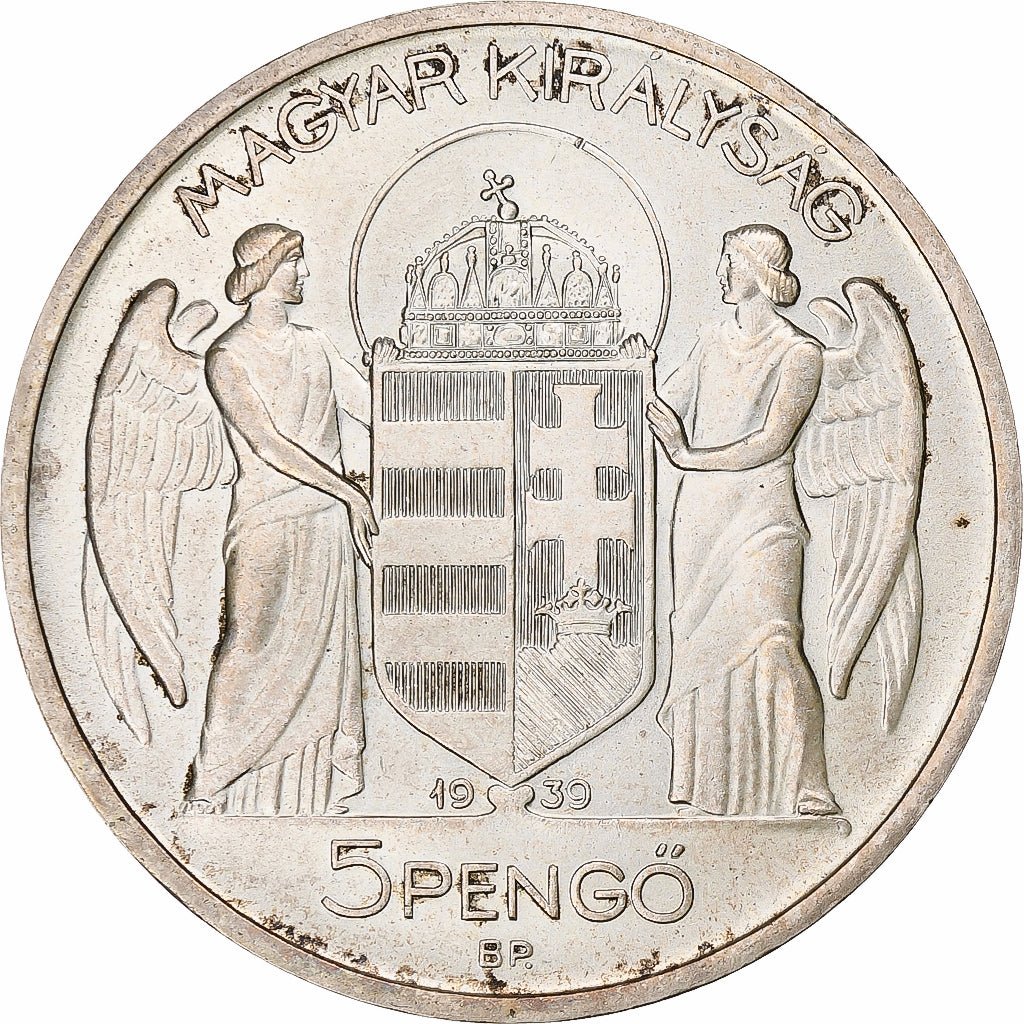 Munten, Hongarije, Miklós Horthy, 5 Pengö, 1939, Budapest, PR+, Zilver, KM:517