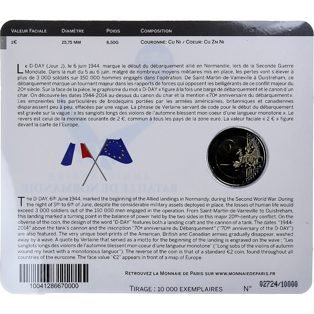 France, 2 Euro, D-day, 2014, Monnaie de Paris, BU, MS(65-70), Bi-Metallic