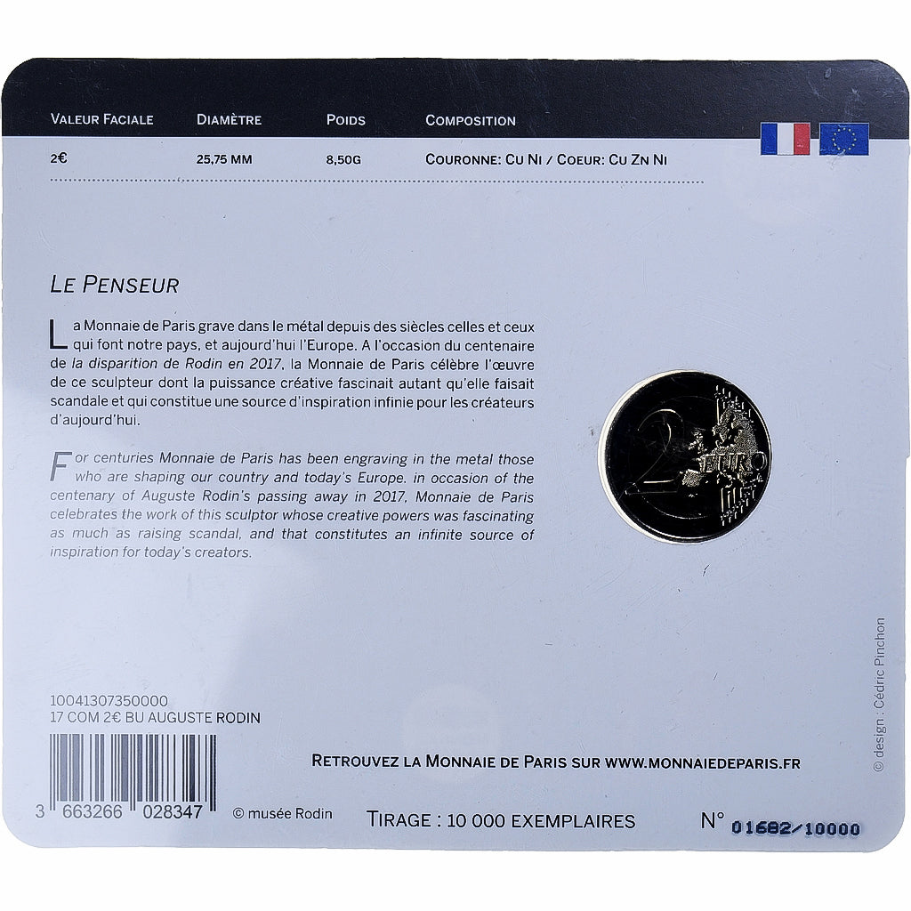 France, 2 Euro, le penseur de Rodin, 2017, Monnaie de Paris, BU, MS(65-70)