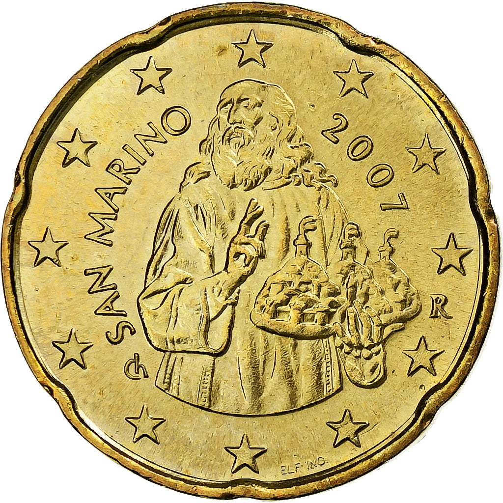 San Marino, 20 Euro Cent, 2007, Rome, MS(63), Brass, KM:444