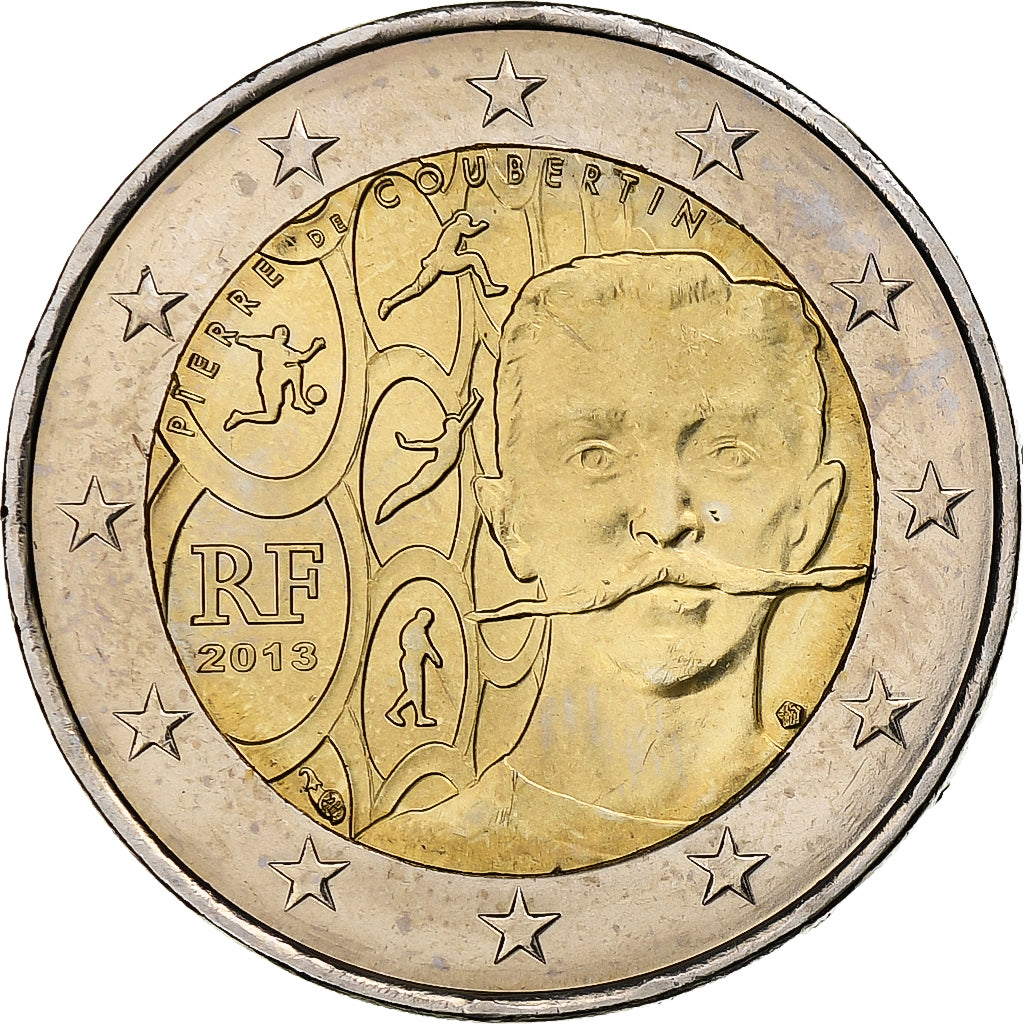 France, 2 Euro, Baron Pierre Coubertin, 2013, Paris, MS(63), Bi-Metallic