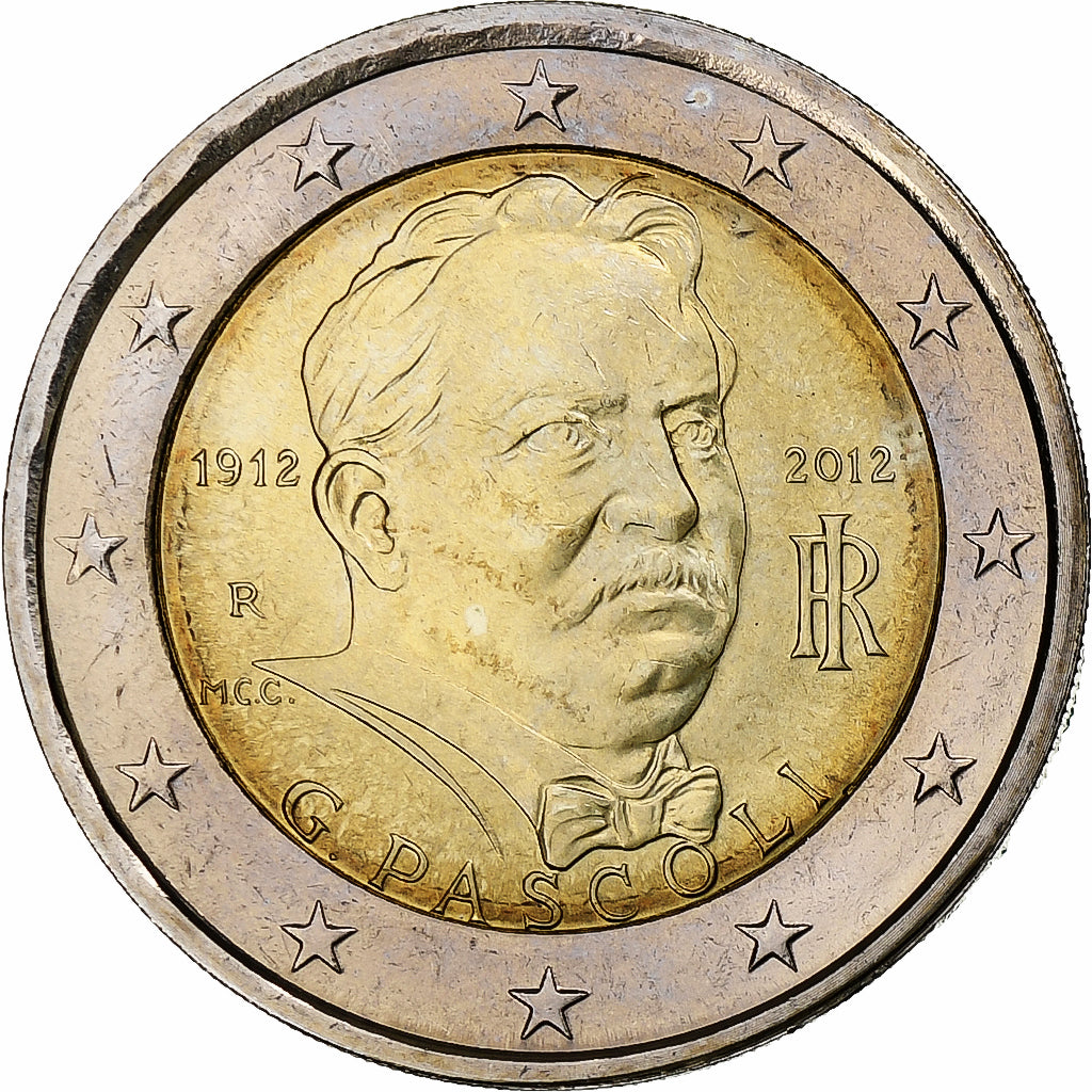 Włochy, 2 Euro, Giovanni Pascoli, 2012, Rome, MS(63), Bimetaliczny, KM:355
