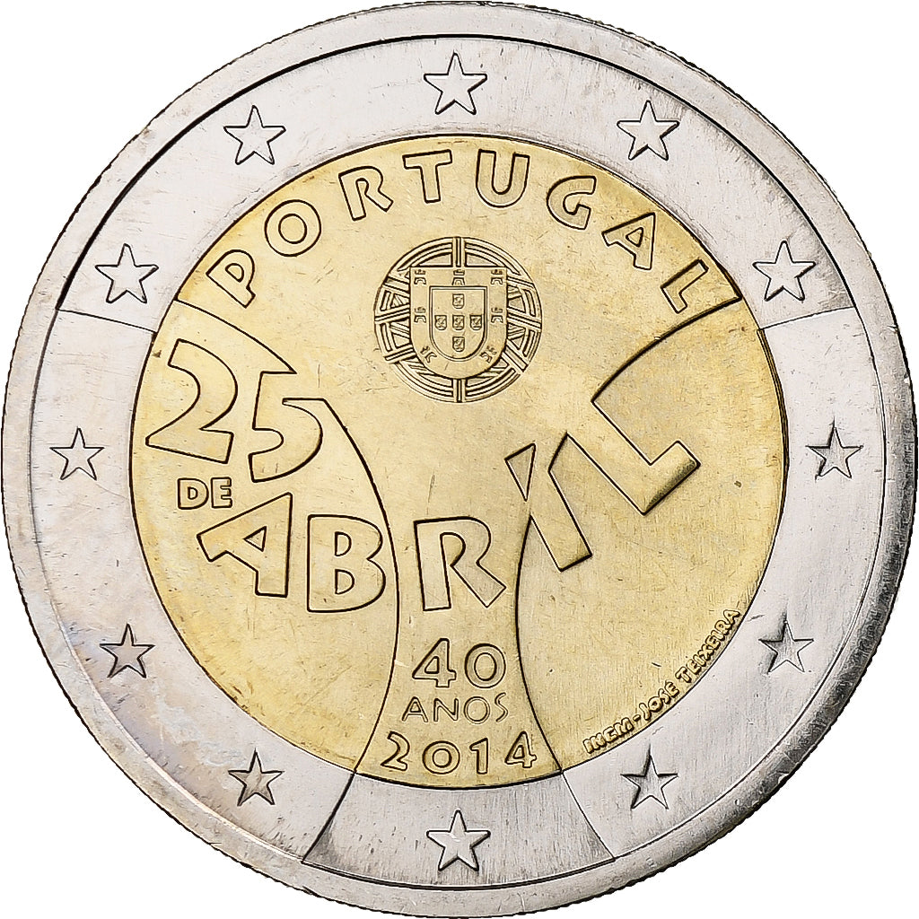 Portugal, 2 Euro, 25 de Abril, 2014, EBC+, Bimetálico, KM:844