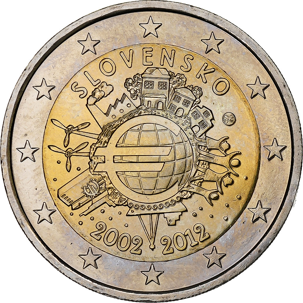 Eslováquia, 2 Euro, 10 ans de l'Euro, 2012, Kremnica, MS(63), Bimetálico
