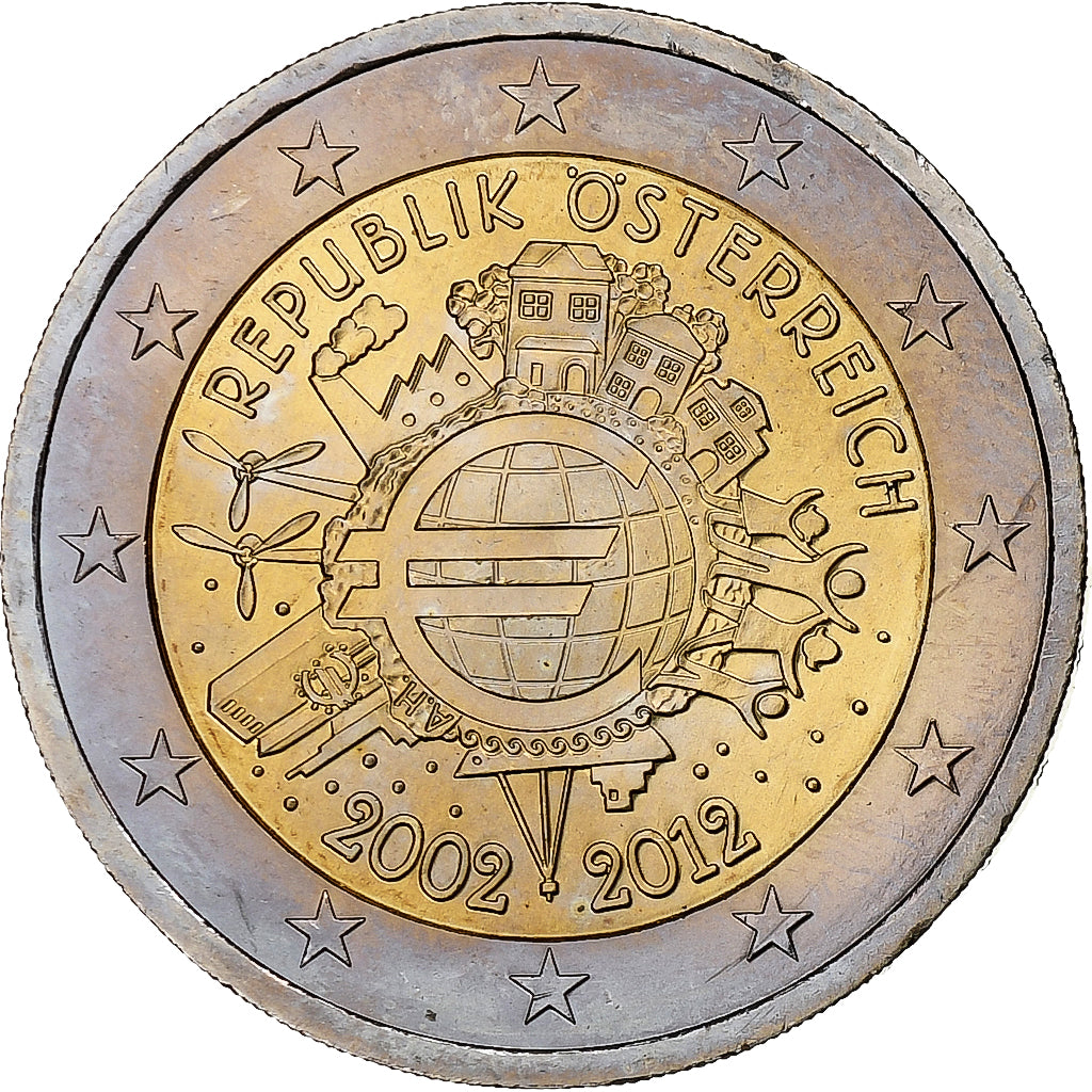 Áustria, 2 Euro, 10 ans de l'Euro, 2012, MS(63), Bimetálico