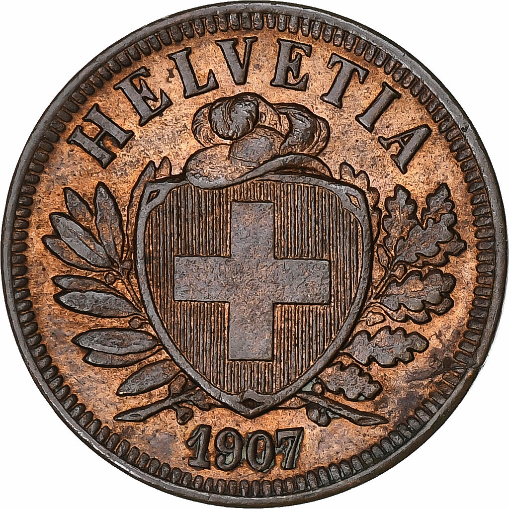 Moneta, Szwajcaria, 2 Rappen, 1907, Bern, AU(50-53), Brązowy, KM:4.2