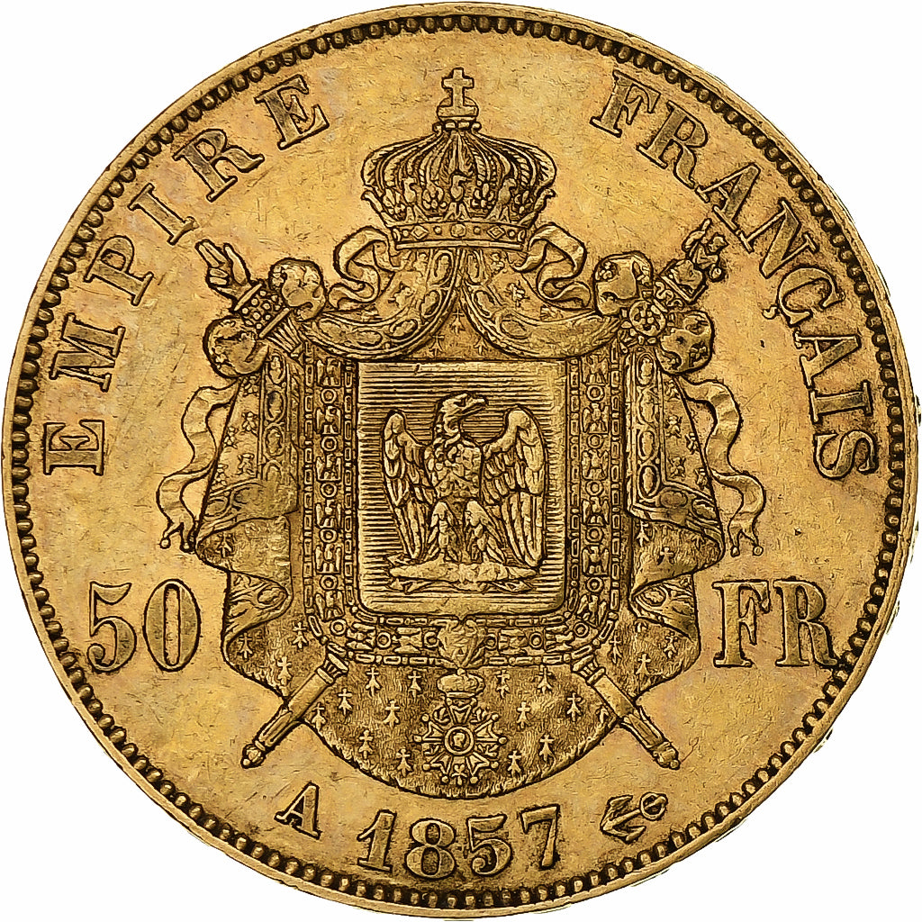 Moneda, Francia, Napoleon III, 50 Francs, 1857, Paris, MBC, Oro, KM:785.1